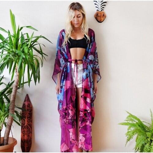 Women Ladies Marbling Kimono Long Blouse Cardigan Chiffon Long Sleeve Loose Beach Boho Bikini Cover Up Summer Clothing