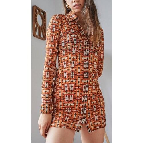 Ladies Sexy Short Shirt Dress Women Temperament Geometric Printing Long Sleeve Lapel Single-breasted Slim Dress