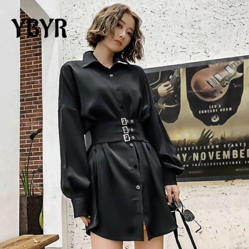 Summer Autumn Women Long Sleeve Mini Shirt Dress Gothic Button High Waist Blouses Dress With Belt BF Oversized Streetwear