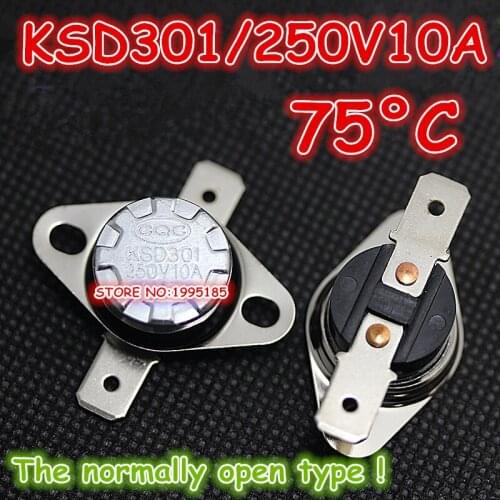 10Pcs/Lot KSD301 250V10A 75 Degrees Celsius 75 C Normal Open ( N O ) Temperature Controlled Switch Thermostat