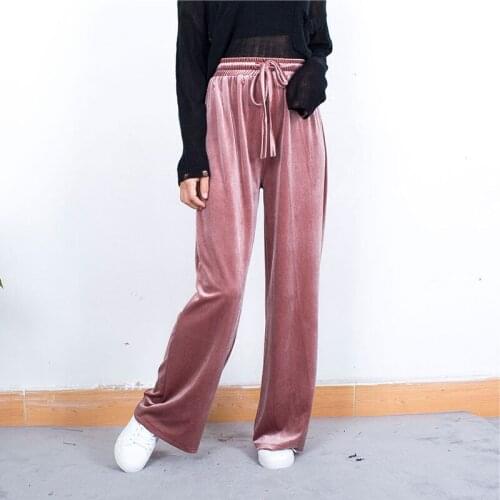 2018Special gold velvet high waist wide leg pants female spring and autumn vintage loose casual solid color elastic waist pants