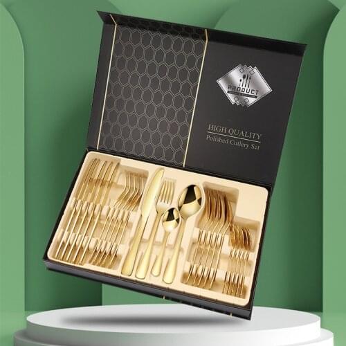 24PCS Gold Tableware Cutlery Dinner Set Knives Forks Spoon Western Kitchen Dinnerware Stainless Steel Dinner Set Gift Box