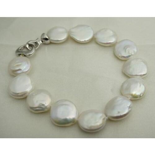 13-14mm Huge White Color Freshwater Pearl Bracelet Coin Pearl Jewelry Nice Heart Clasp New Free Shipping