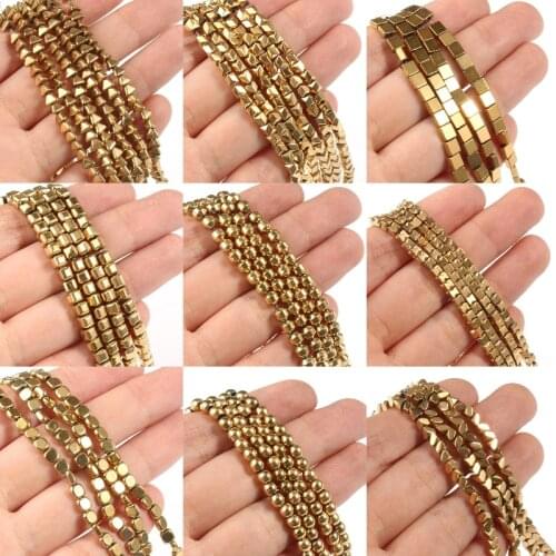 Genuine Gold Plating Hematite bead 2 3 4 5 6 8mm charm natural stone round Cube spacer Loose bead for jewelry making Bracelet