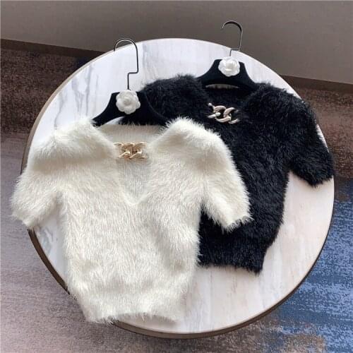 Short Sweater Woman Elegant Gentle Metal Buckle V-neck Short Sleeve Mohair Short Knitted Sweaters Female Crop Top Tight Jumper