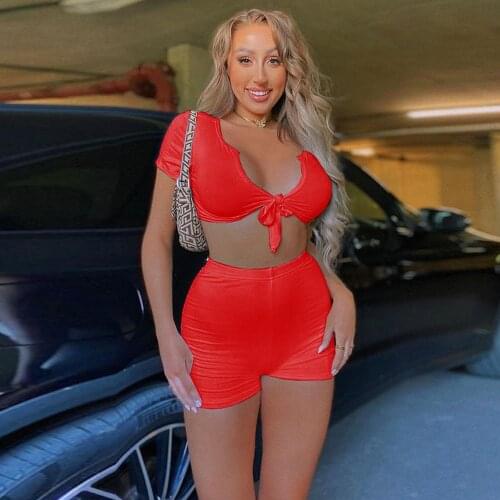 Womens Two Piece Short Set Streetwear Clothing Cleavage Deep V-neck Short Sleeve Crop Top and Workout Biker Short Co Ord Suit