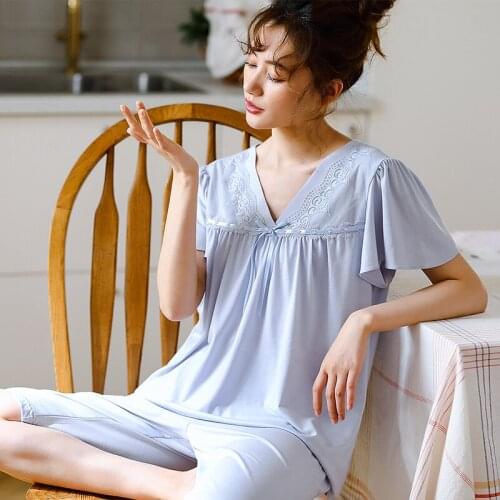 Summer Modal Short Sleeve Soild Loose Sleepwear Girl Pijamas Mujer Leisure Nightgown Women Hot Sale Women Pajamas Sets XXXL