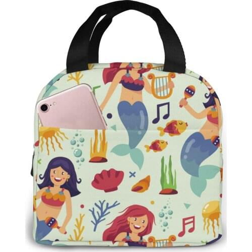 Cute Mermaid Lunch Food Box Bag Insulated Thermal Food Picnic Lunch Bag for Women kids Men Cooler Tote Bag