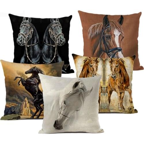 Animal Pattern Cushion Set Horse Style 45x45cm Animal Decorative Pillow Flax Luxury Sofa Family Pillow Holder Duplex Print