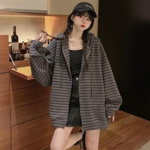Spring and Autumn New Korean Style Loose Striped Clothes All-Match Long-Sleeved Coat Womens Fashion