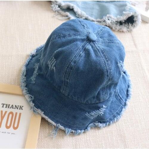 New Summer Fashion Girls Boys Panama Sun Bucket Hat Outdoor Beach Korean Cute Child Fishing Washed Denim Cap