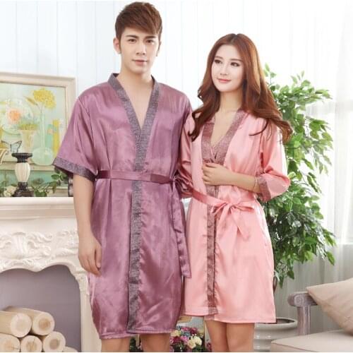 Couple Fashion Sleepwear Nightwear Women Silk Satin Robe Nightgown Set Or Men Bathrobe For Summer