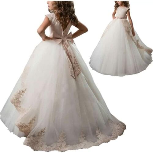3-14 Yrs Dresses for Girl Children Party Clothing Flower Big Bow Long Prom Gowns Teenagers Kids Evening Formal Dress for Weddin
