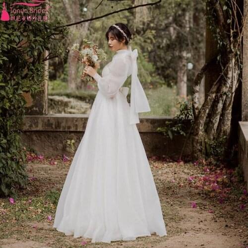 Long Sleeve Lantern Sleeve Wedding Dresses High Neck A Line Bridal Gowns With Bow Tie Romantic Noivas ZW460