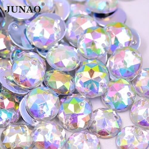 JUNAO 300pcs 12mm Sew On Round Clear AB Rhinestones Applique Flat Back Acrylic Gems Sewing Strass Crystal Stones DIY Crafts