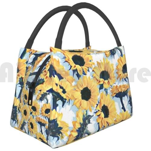 Cooler Lunch Bag Picnic Bag Sunflowers On Pale Blue And White Sunflower Pattern Texture Yellow Mustard Navy