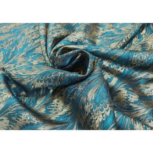 Teal blue Peacock feather jacquard fabric gold thread brocade 145cm wide - sold by the meter