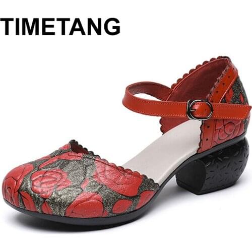 TIMETANG 2020Summer Women Genuine Leather Shoes Women Hand Pumps Comfortable Vintage Style High Heels Sandals Women sandalia