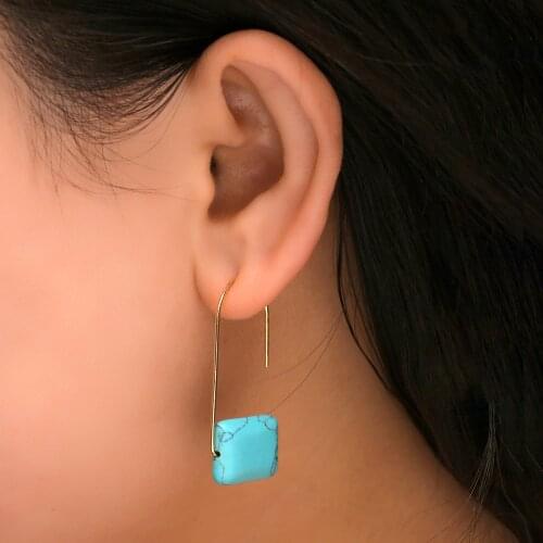 Boho Long Hook Turquoises Stone Drop Earrings For Women Minimalist Square Marbling Statement Earrings Female Party Jewelry