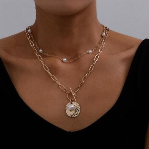 Vintage Simulated Pearl Gold Chain Necklaces Double Layer Round Coin Pendant Necklace for Women Female Trendy Jewelry Gifts