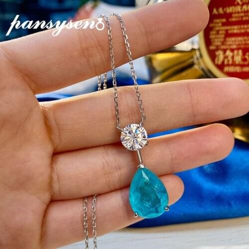 PANSYSEN Vintage Solid Silver 925 Jewelry Necklace 12*16MM Water Drop Paraiba Tourmaline Simulated Moissanite Pendant Necklaces