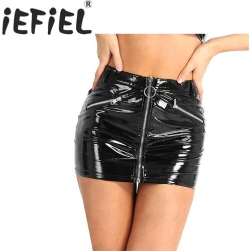 IEFiEL Sexy Women Adults Ladies Wetlook Stretchy Faux Leather Fake Zipper Pockets Bodycon Mini Skirt Party Nightclub Clothes