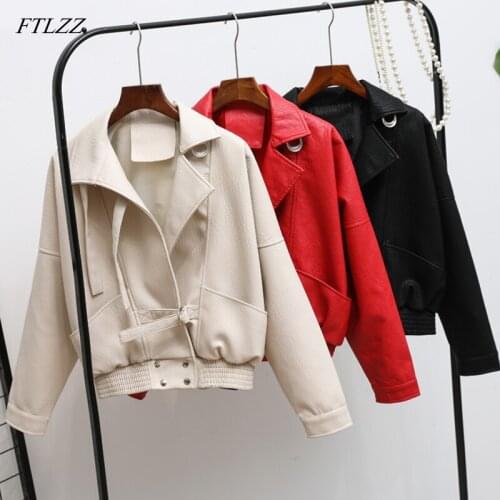 FTLZZ New Women Faux Leather Jacket Vintage Biker Coat Harajuk Short Motorcycle Pu Red Jacket Street Leather Coat