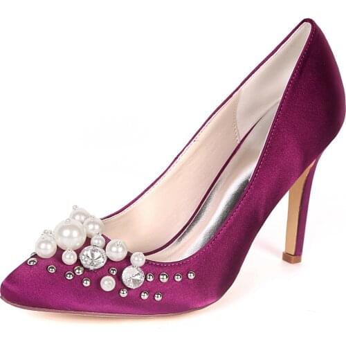 Creativesugar pointed toe satin evening dress shoes with pearls and rivet elegant lady bridal weddding prom pumps woman heels