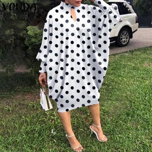 Spring Sundress Women Vintage Hollow Polka Dot Printed Long Sleeve Dress VONDA 2021 Elegant Midi Vestido Elegant Robe Oversized