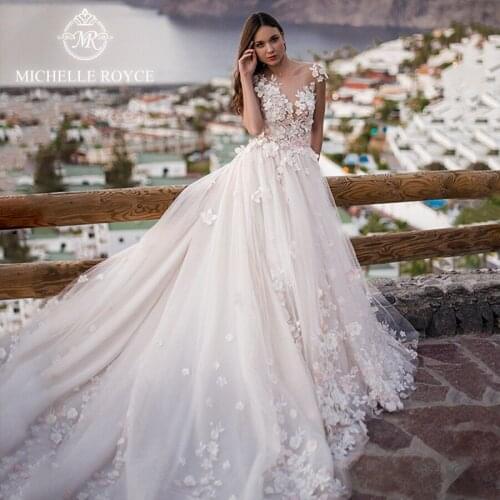 Michelle Royce A-Ling Wedding Dresses 2020 Sexy deep v-neck Cut-out Appliques Backless Romantic Chapel Train Vestido De Noiva