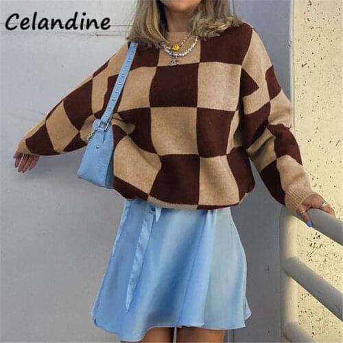 Celandined Winter 2021 O Neck Long Sleeve Plaid Pullover Sweater Women Top Knitted Casual Y2K Fashion Chic Loose Jumper Knitwear