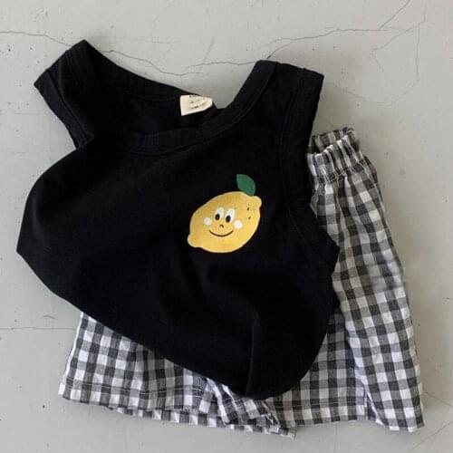 Baby Kids Clothing Sets Cotton Lemon Sleeveless Vest Plaid Shorts 2pcs Toddler Girl 2pcs Newborn Girl Suits Summer Child Clothes