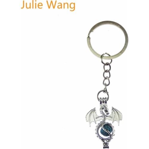 Julie Wang 1PCS Alloy White K Creative Dragon With Lava Stone Keychains Keyrings Key Holder Charm Women/Mens Fashion Jewelry