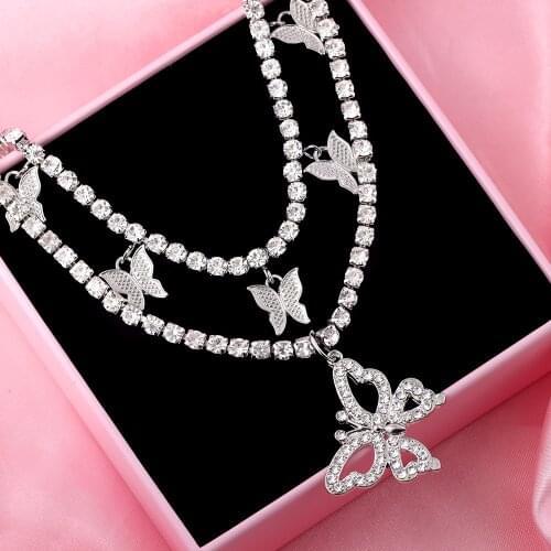 Caraquet Bling Crystal Hollow Butterfly Pendants Necklace for Women Iced Out Multi-layer Rhinestone Tennis Chain Choker Jewelry