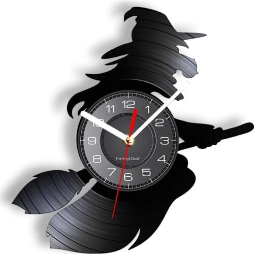 Wicked Witch With Broomstick Silhouette Wall Clock Witchcraft Magic Fairy Tale Character Wall Watch With LED Halloween Art-Decor