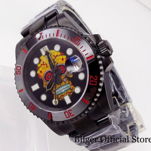 BLIGER Skeleton Black PVD Selfwinding Watch Men NH35A Movement Luminous Dial Oyster Bracelet Red Marks Insert Sapphire Cyclop