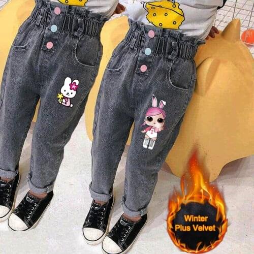 Winter Kids Jeans Girl Print Jeans for Girls Fashion Waist Girls Jeans Pants Velvet Warm Casual Girls Clothes 1-8 Years