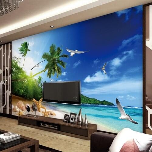 Custom Wall Cloth Seaside Scenery Beach Coconut Tree Photos Wall paper Lving Room Background Home Furnishing Waterproof Murals