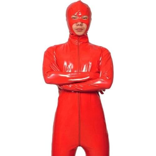 Cosplay Halloween Sexy mens Full bodysuit red Shiny PVC faux leather jumpsuit Fancy Dress Zentai suit open eyes mouth nose