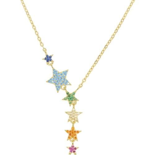 MICRO Pave colorful cz star charm 6 pcs rainbow zirconia star link chain Y shape Gold necklace for women
