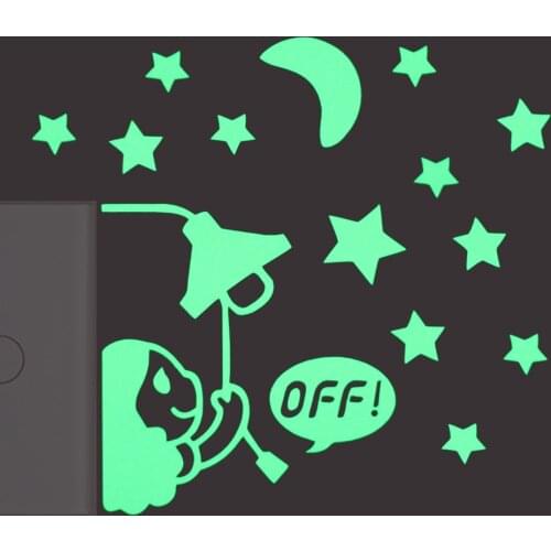 Lovely Girl Turn Off the Lights Luminous Switch Sticker Glow in the Dark Cartoon Moon Stars Wall Sticker Kids Room DIY Decor