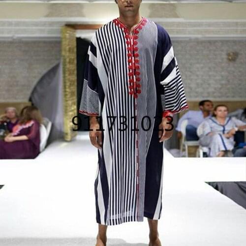 Muslim Jubba Thobe Clothes Men Hoodie Ramadan Spring Autumn Abaya Dubai Turkey Islamic Clothing Male Casual Loose Red Stripe