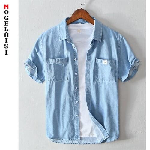 Men casual Denim shirt new 2020 summer short sleeve blue shirt High quality tops Camisa masculina 558