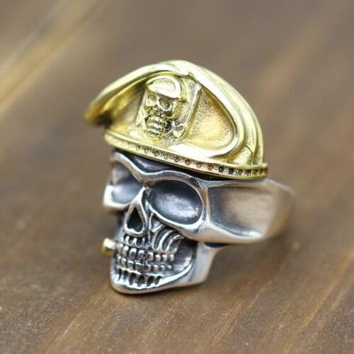 100% real S925 Silver Fashion Jewelry Vintage Craft Thai Silver Ring for Men Gold Bronze Men Skull Soldier Instructor Rings