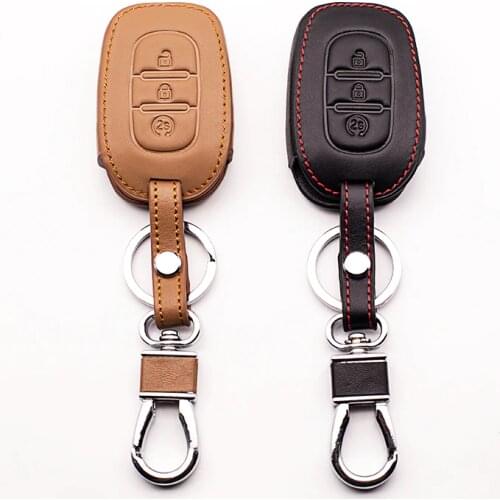 Latest leather remote control key cover for 2015 2016 2017 Renault Duster Sandero Logan Clio Captur Laguna Scenic Area 3 buttons
