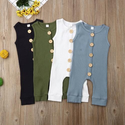 Pudcoco Newborn Baby Boy Girl Clothes Solid Color Sleeveless Button Knitted Cotton Romper Jumpsuit One-Piece Outfit Playsuit Set
