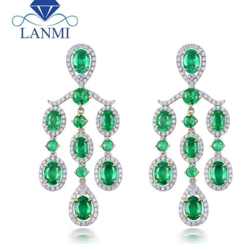 LANMI Solid 18Kt Au750 Two Tone Gold Luxury Design Green Emerald Wedding Earring Sparkly Diamond Jewelry for Women Party