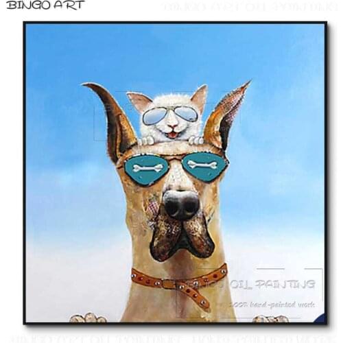 Funny Design Hand-painted Lovely Dog and Cat with Glasses Oil Painting on Canvas Handmade Funny Animal Dog and Cat Oil Painting