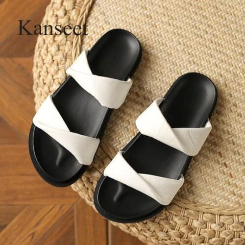 Kanseet Flats Women Shoes 2021 Summer New Concise Design Hot Sale Round Toe Handmade Comfort Flat Slippers Shoes Women Beige