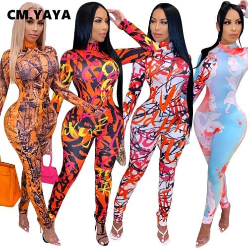 CM.YAYA Active Tie Dye Letter Print Turtleneck Bodycon Jumpsuit for Women Sexy Club One Piece Overall Bodycon Rompers Outfits